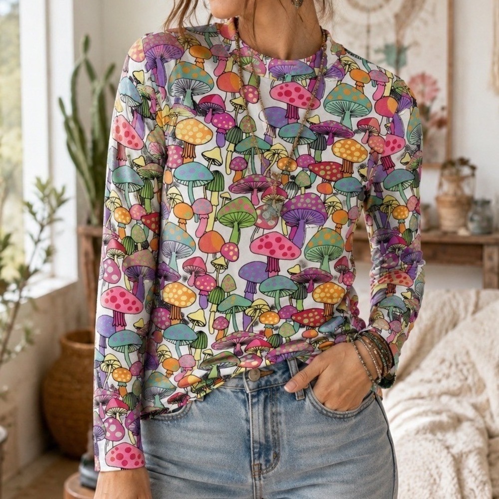 Ginger G Mushroom Print Top Womens Small Multicolor Excellent Mock Neck Boho